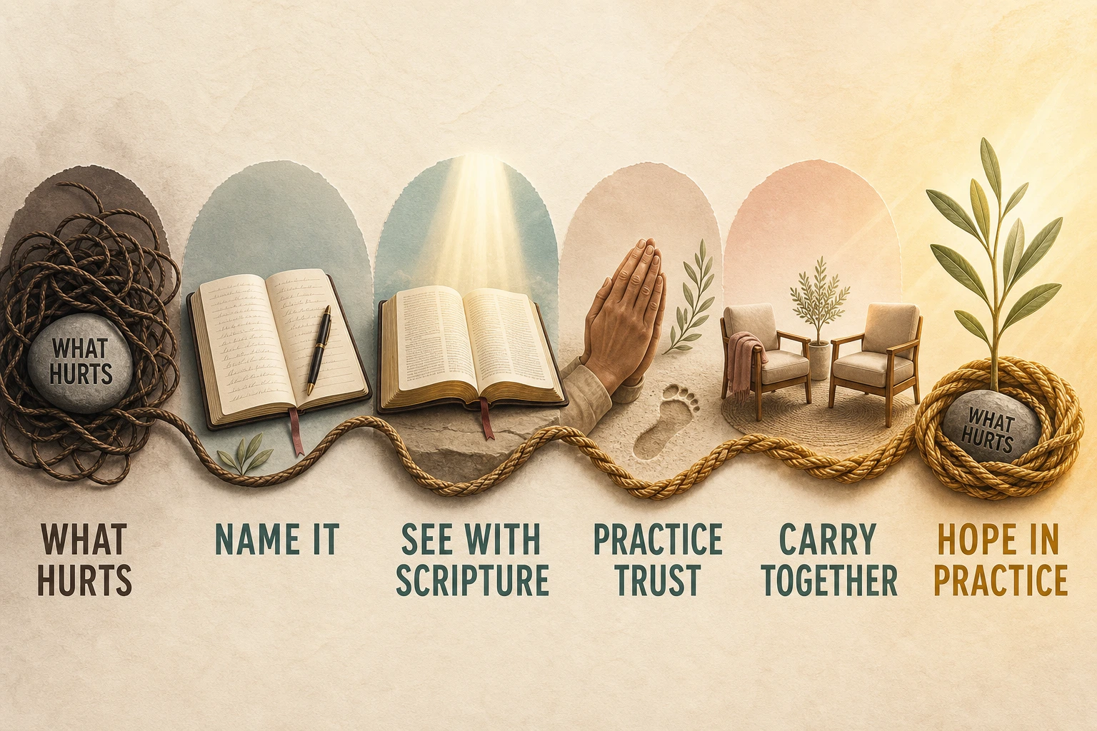 A faith formation path: name what hurts, see it with Scripture, practice trust, carry it together, and grow hope in practice