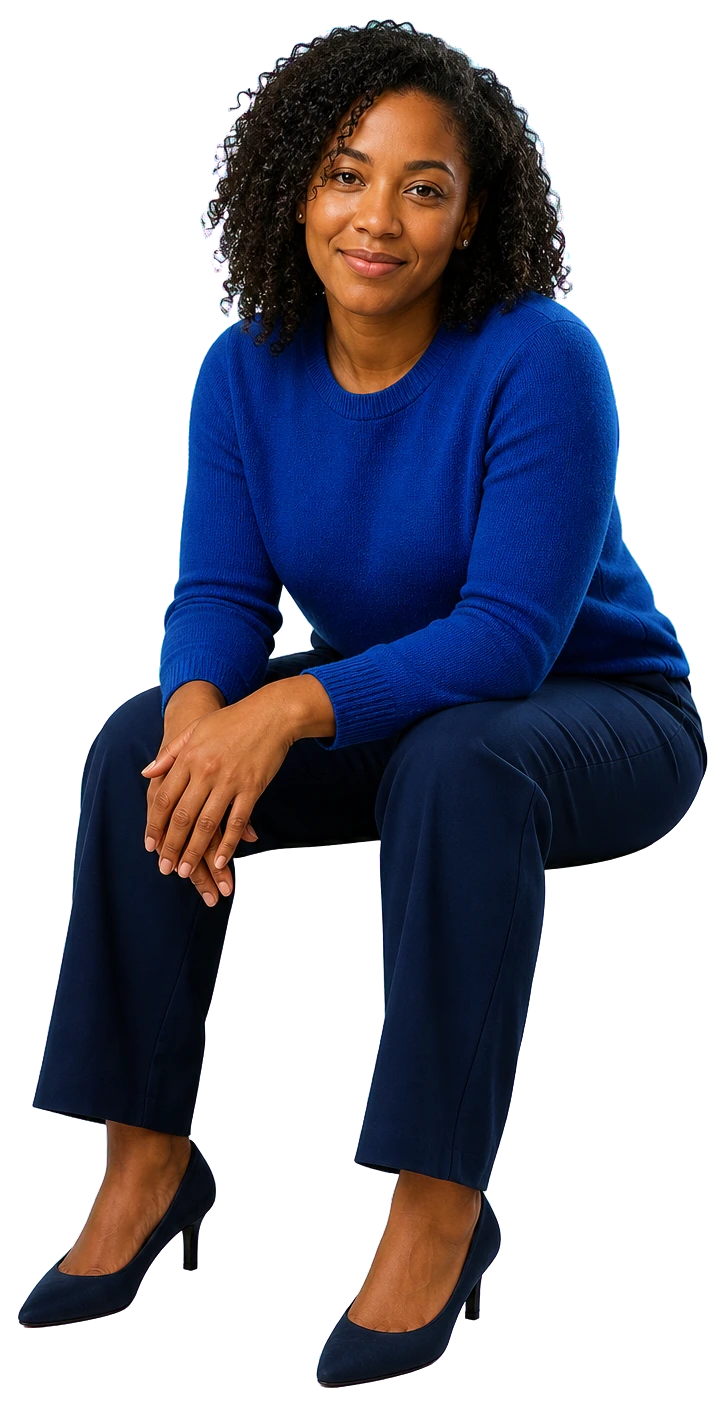 A woman leaning forward with a warm, welcoming expression